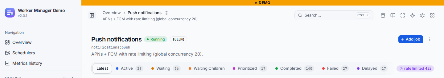 A queue page header with a rate limited badge counting down